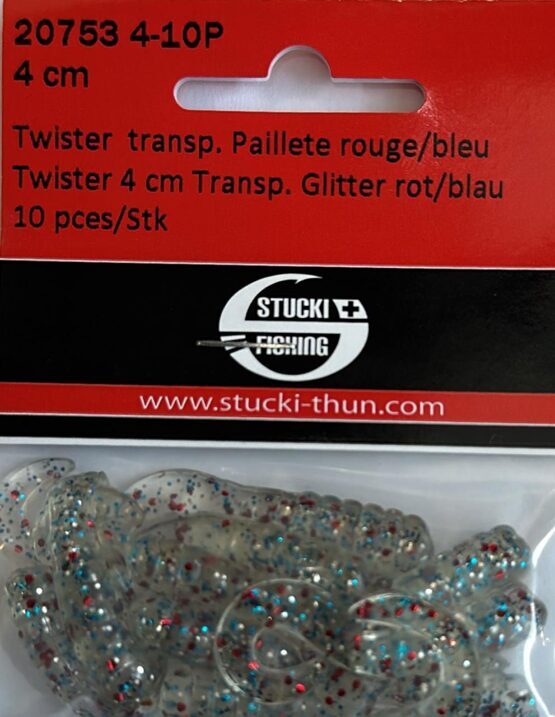 Twister, 4 cm, transparent Glitter, rot/blau
